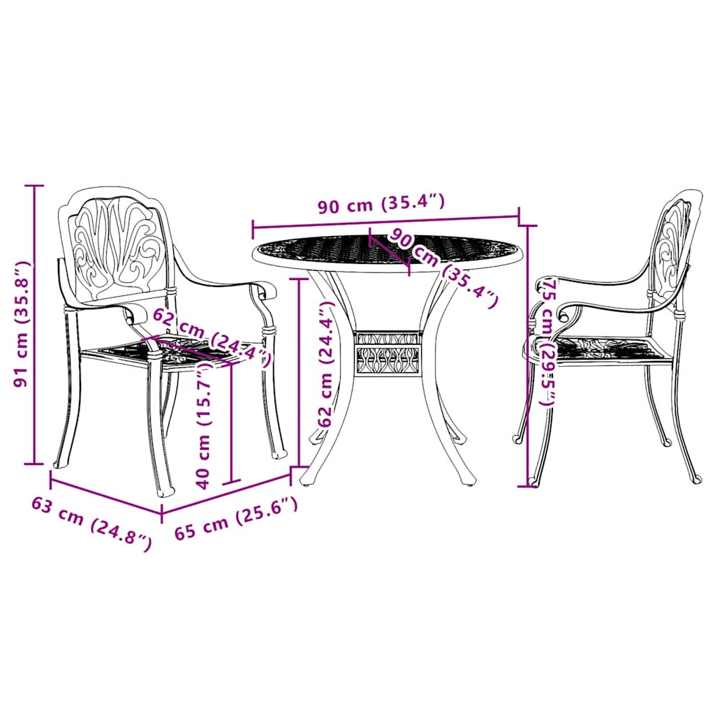 vidaXL 3-cz. zestaw mebli bistro, kolor brązu, odlewane aluminium