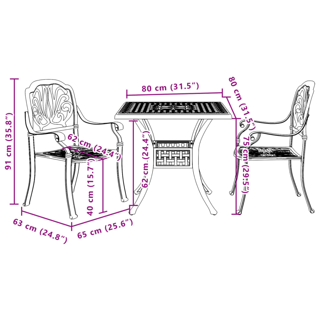 vidaXL 3-częściowy zestaw mebli bistro, brązowy, odlewane aluminium