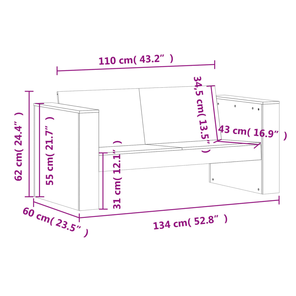 vidaXL Sofa ogrodowa, 2-osobowa, woskowy brąz, 134x60x62 cm, sosnowa