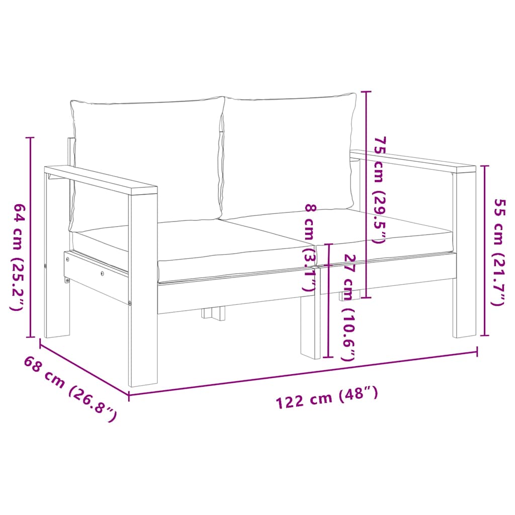vidaXL Sofa ogrodowa z poduszkami, 2-osobowa, lite drewno akacjowe