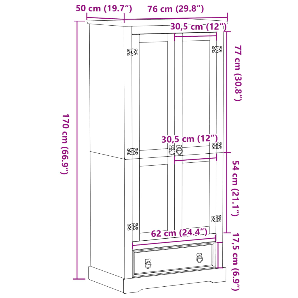 vidaXL Szafa Corona, 76x50x170 cm, lite drewno sosnowe