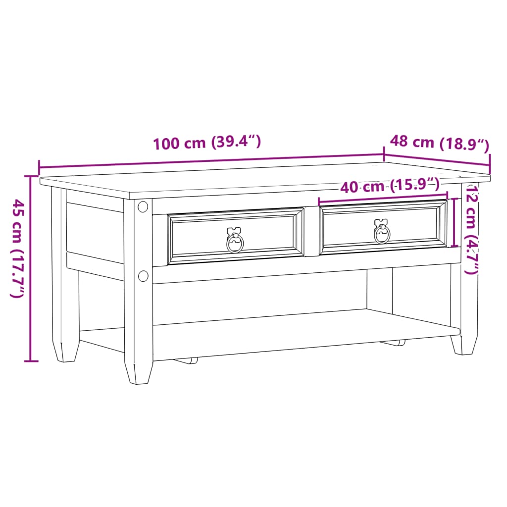 vidaXL Stolik kawowy z szufladami Corona, 100x48x45 cm, drewno sosnowe