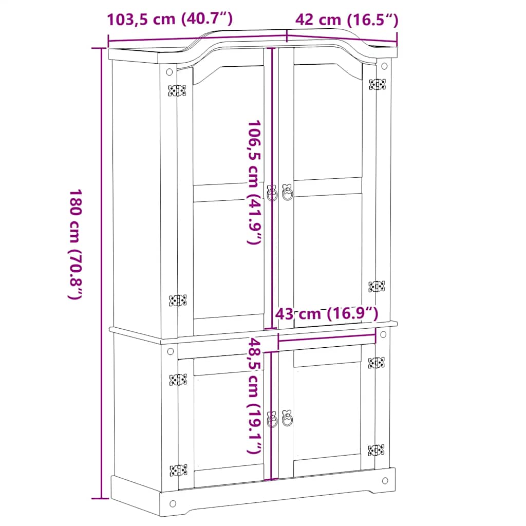 vidaXL Witryna Corona, 103,5x42x180 cm, lite drewno sosnowe