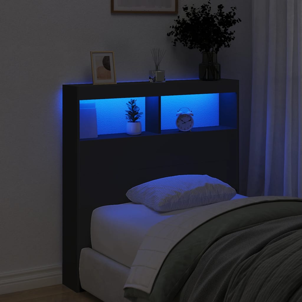 vidaXL Zagłówek z półkami i oświetleniem LED, czarny, 100x17x102 cm