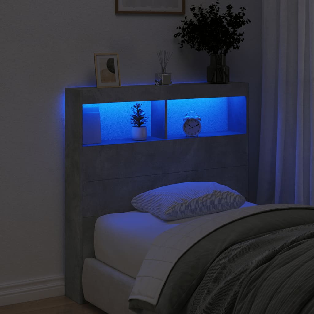 vidaXL Zagłówek z półkami i LED, szarość betonu, 100x17x102 cm