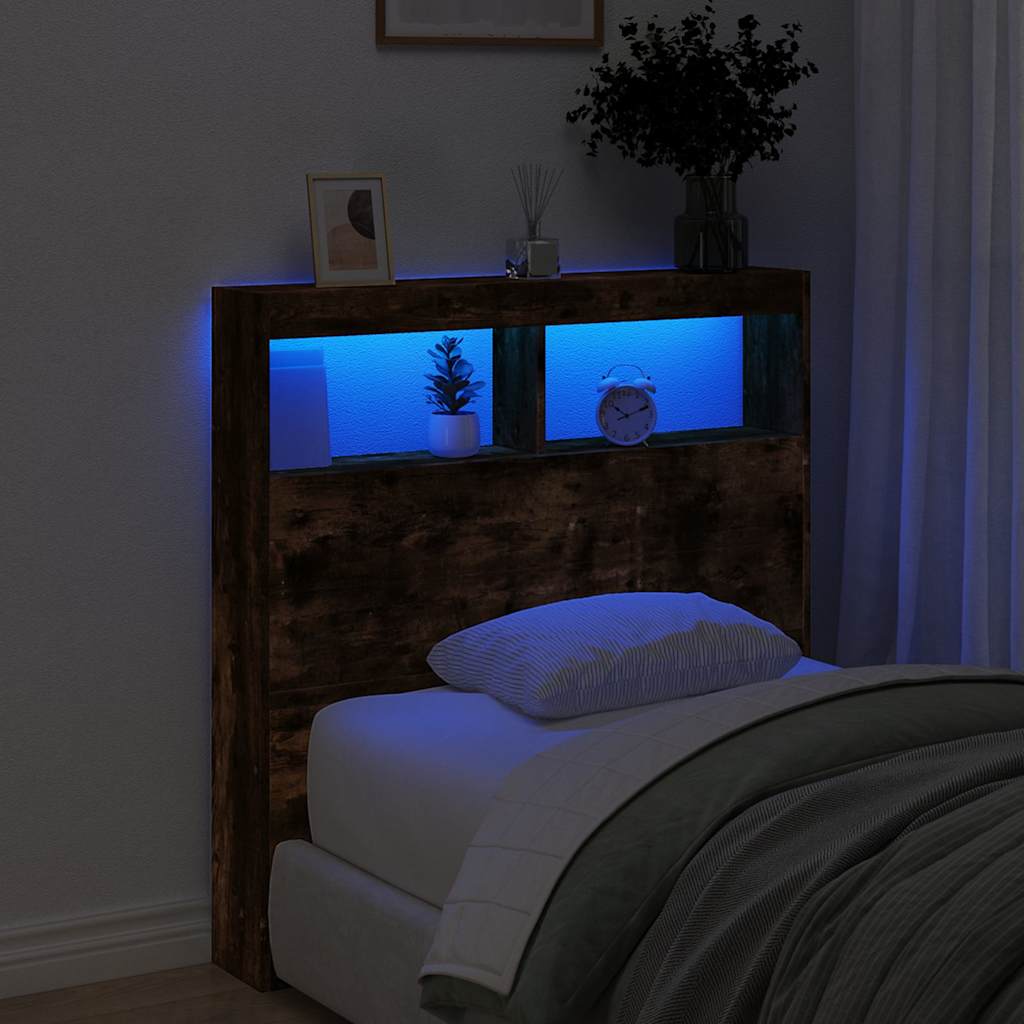 vidaXL Zagłówek z półkami i LED, przydymiony dąb, 100x17x102 cm