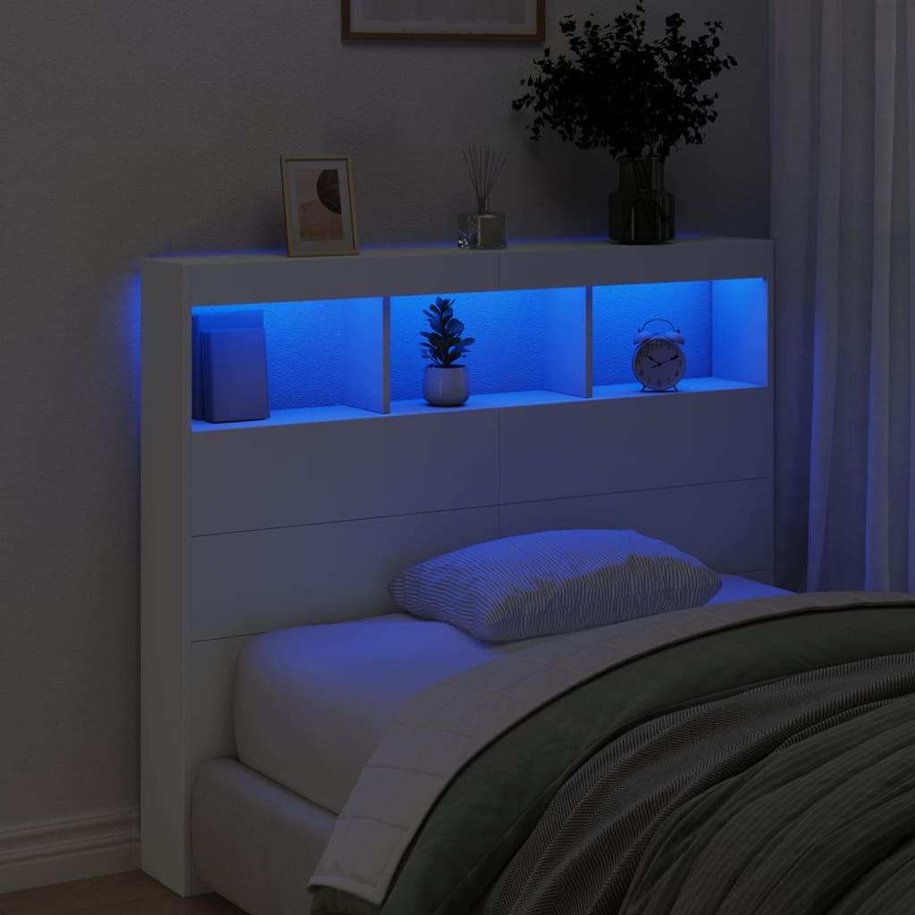 vidaXL Zagłówek z półkami i oświetleniem LED, biały, 120x17x102 cm
