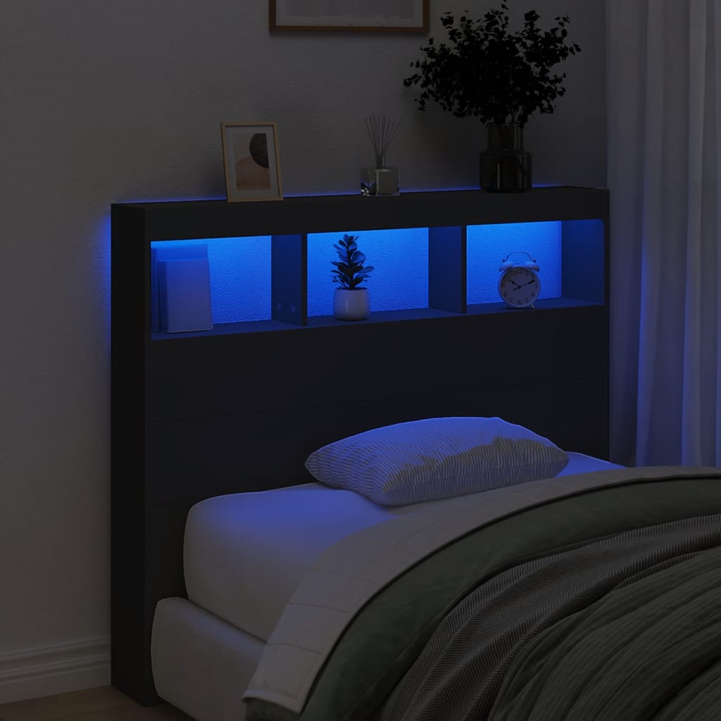 vidaXL Zagłówek z półkami i oświetleniem LED, czarny, 120x17x102 cm