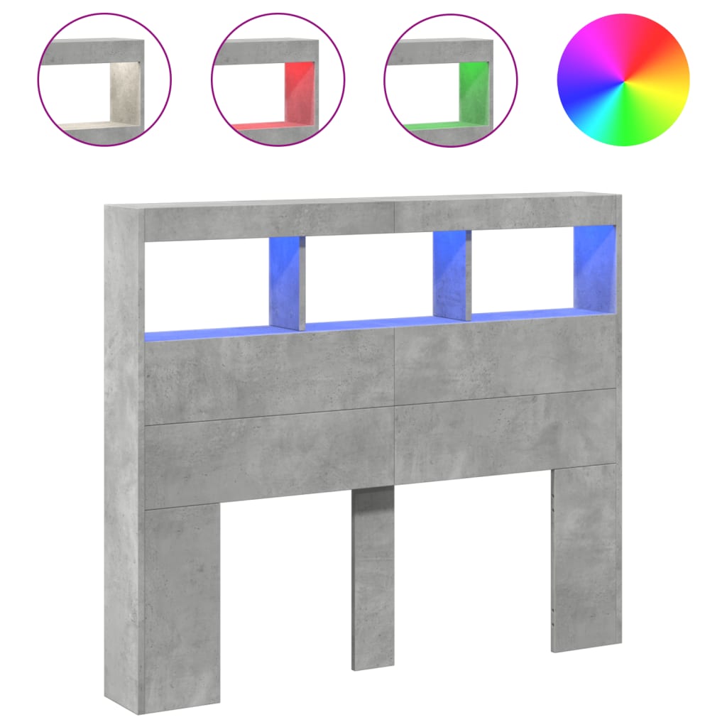 vidaXL Zagłówek z półkami i LED, szarość betonu, 120x17x102 cm