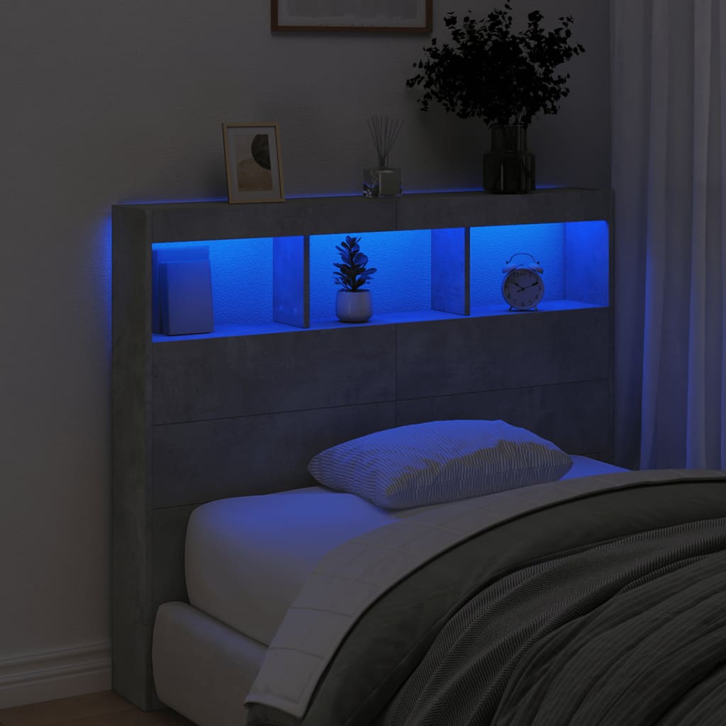 vidaXL Zagłówek z półkami i LED, szarość betonu, 120x17x102 cm