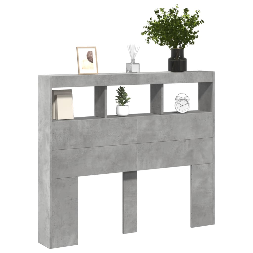 vidaXL Zagłówek z półkami i LED, szarość betonu, 120x17x102 cm