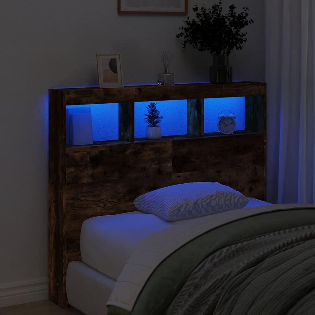 vidaXL Zagłówek z półkami i LED, przydymiony dąb, 120x17x102 cm