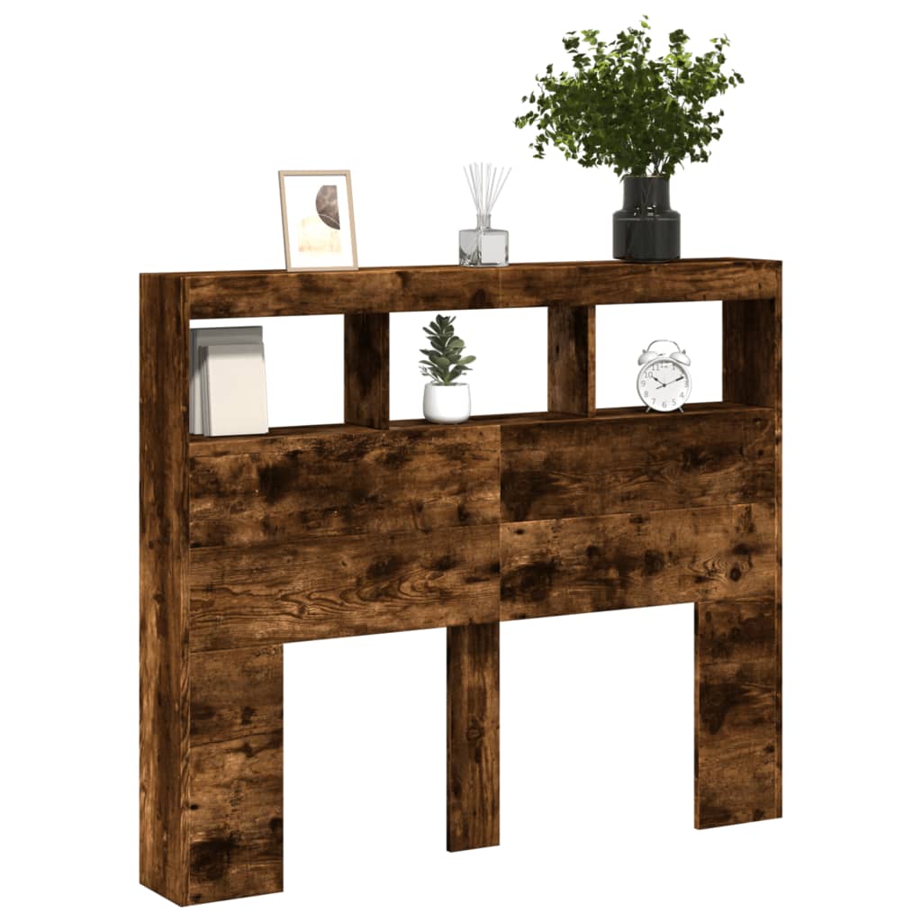 vidaXL Zagłówek z półkami i LED, przydymiony dąb, 120x17x102 cm