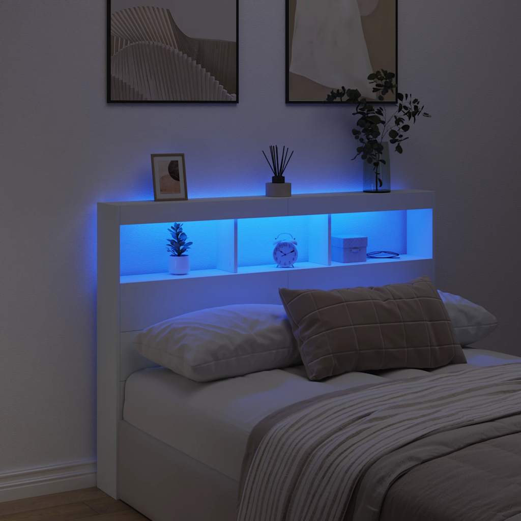 vidaXL Zagłówek z półkami i oświetleniem LED, biały, 140x17x102 cm