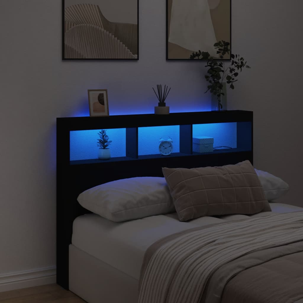 vidaXL Zagłówek z półkami i oświetleniem LED, czarny, 140x17x102 cm