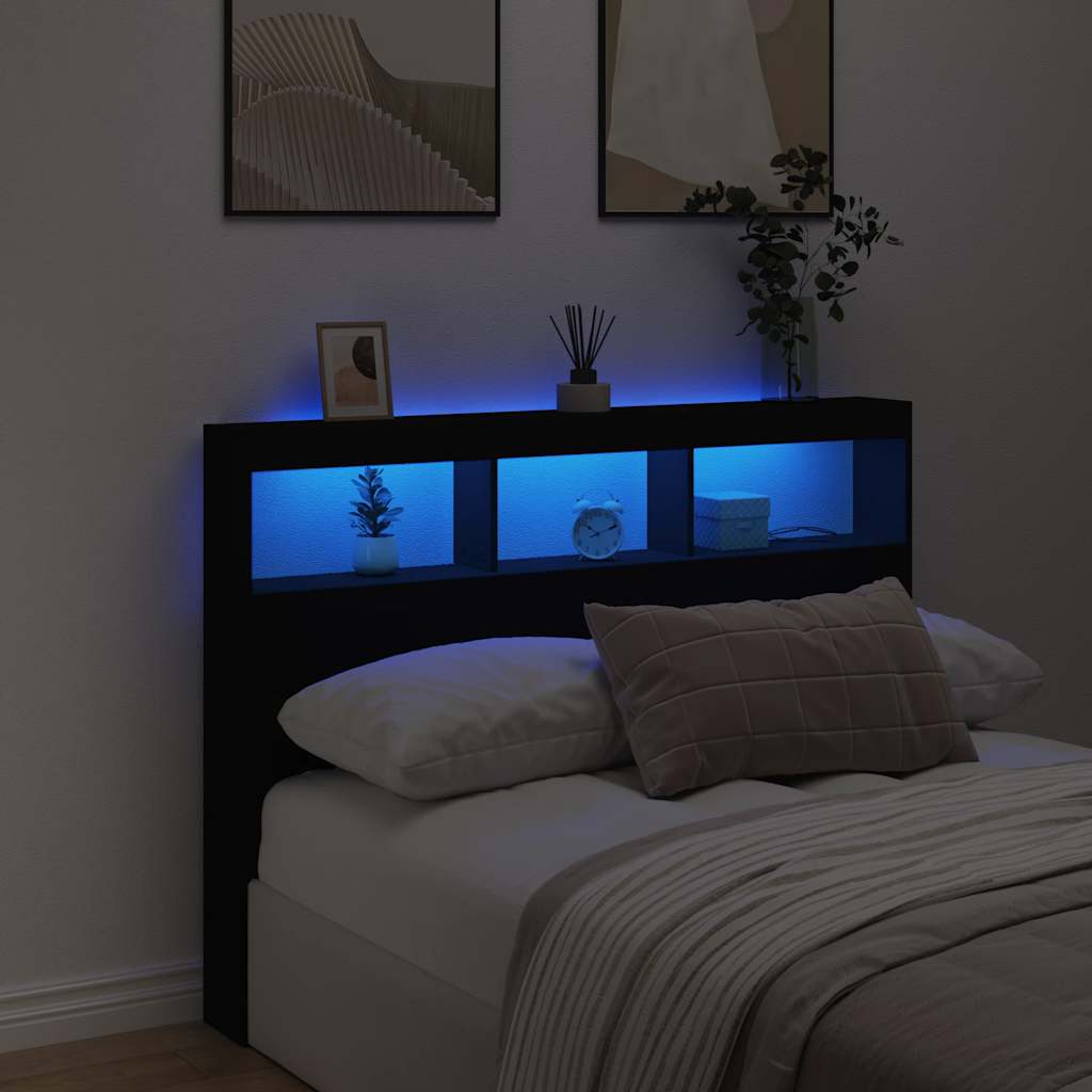 vidaXL Zagłówek z półkami i oświetleniem LED, czarny, 140x17x102 cm