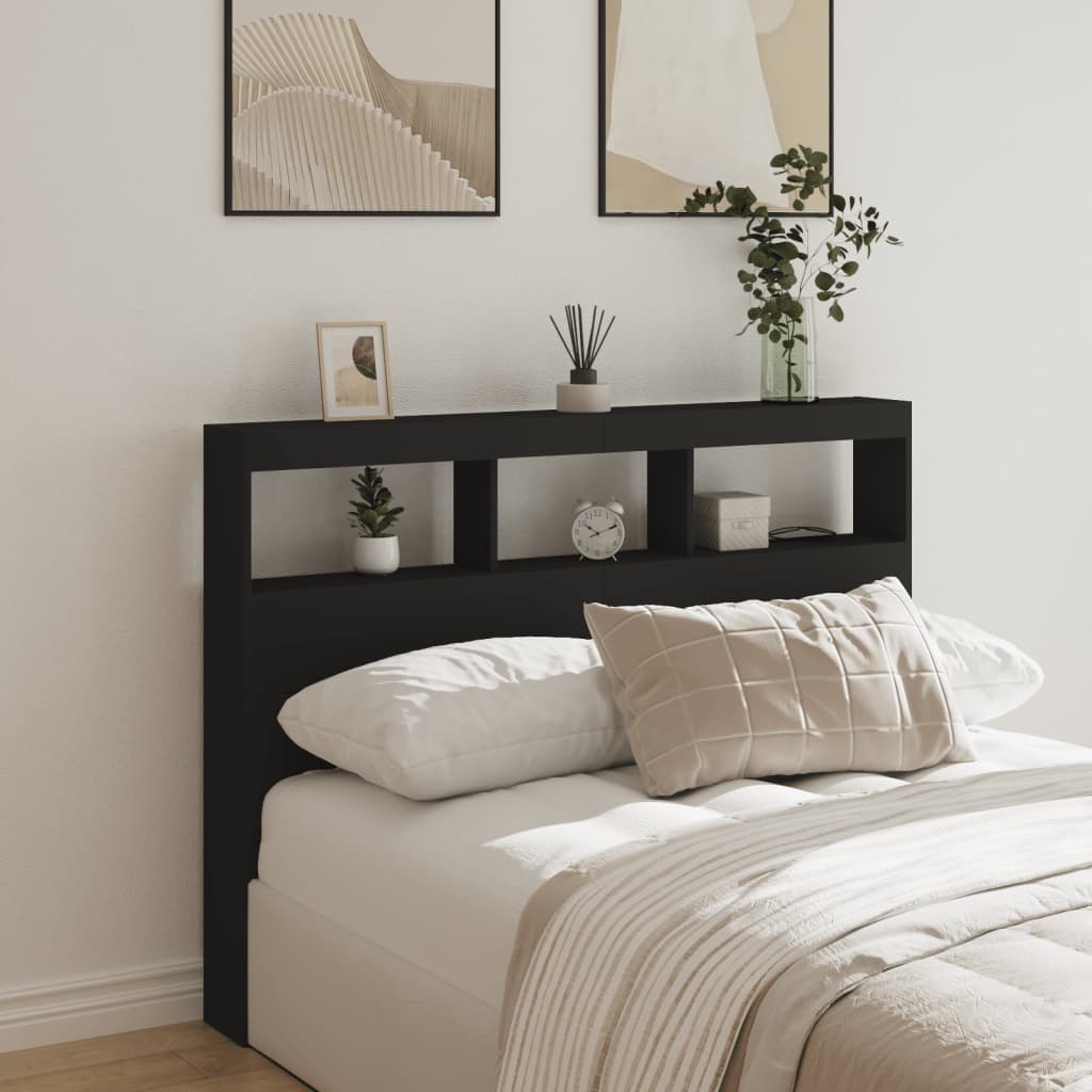 vidaXL Zagłówek z półkami i oświetleniem LED, czarny, 140x17x102 cm
