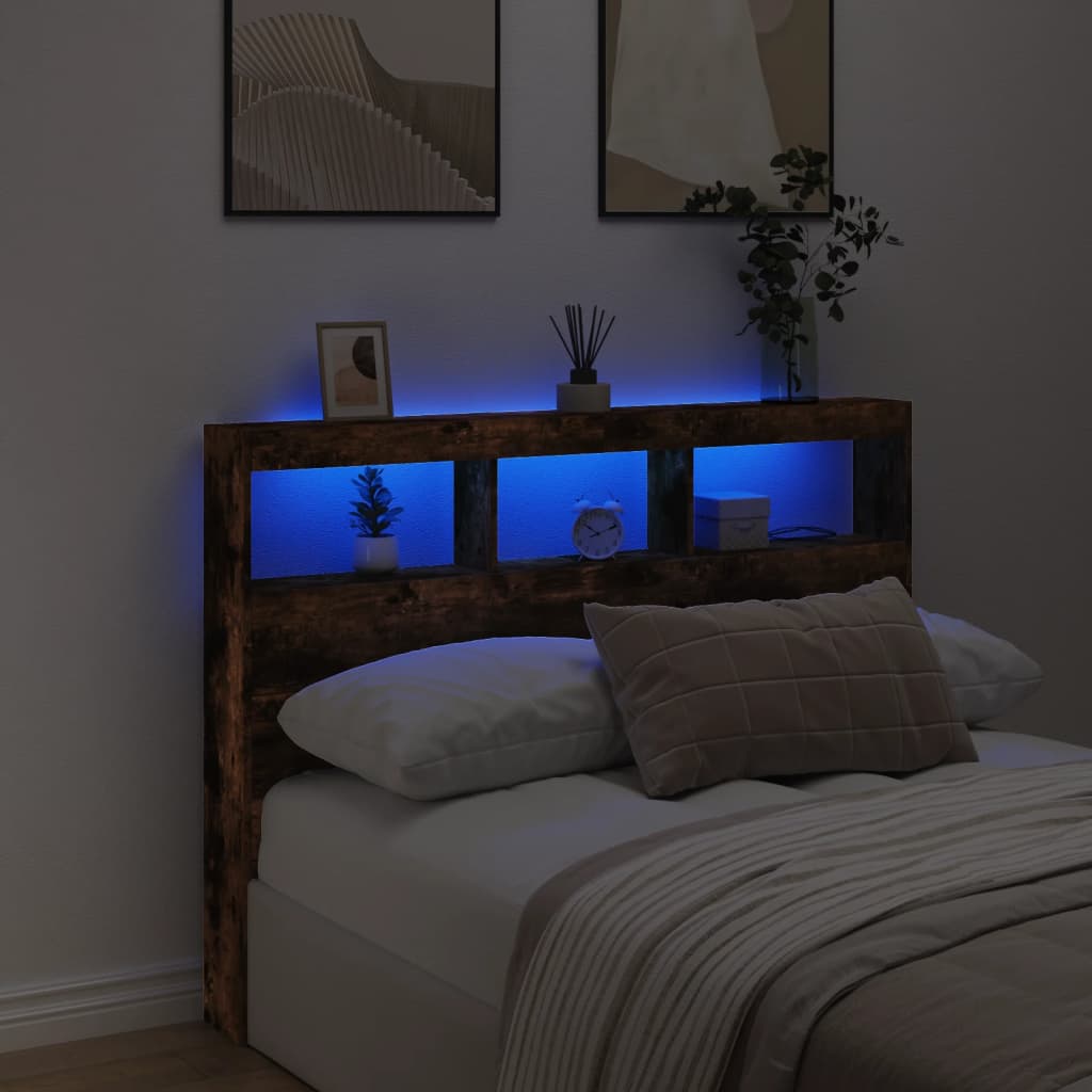 vidaXL Zagłówek z półkami i LED, przydymiony dąb, 140x17x102 cm