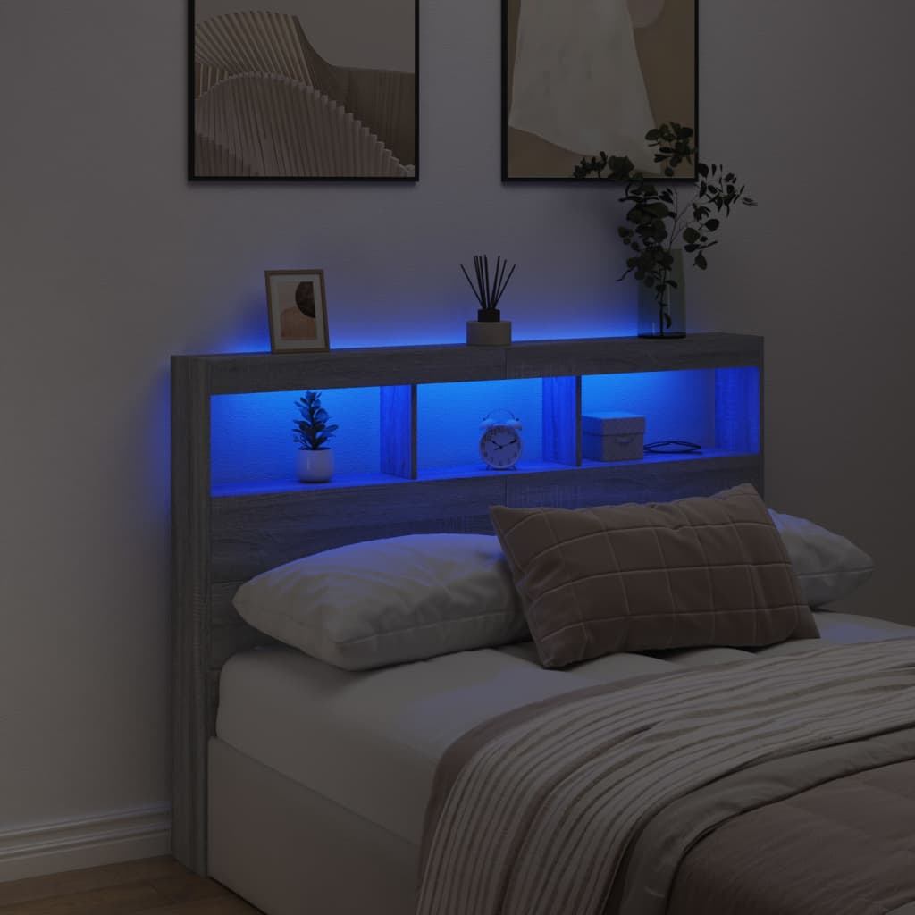vidaXL Zagłówek z półkami i LED, szary dąb sonoma, 140x17x102 cm