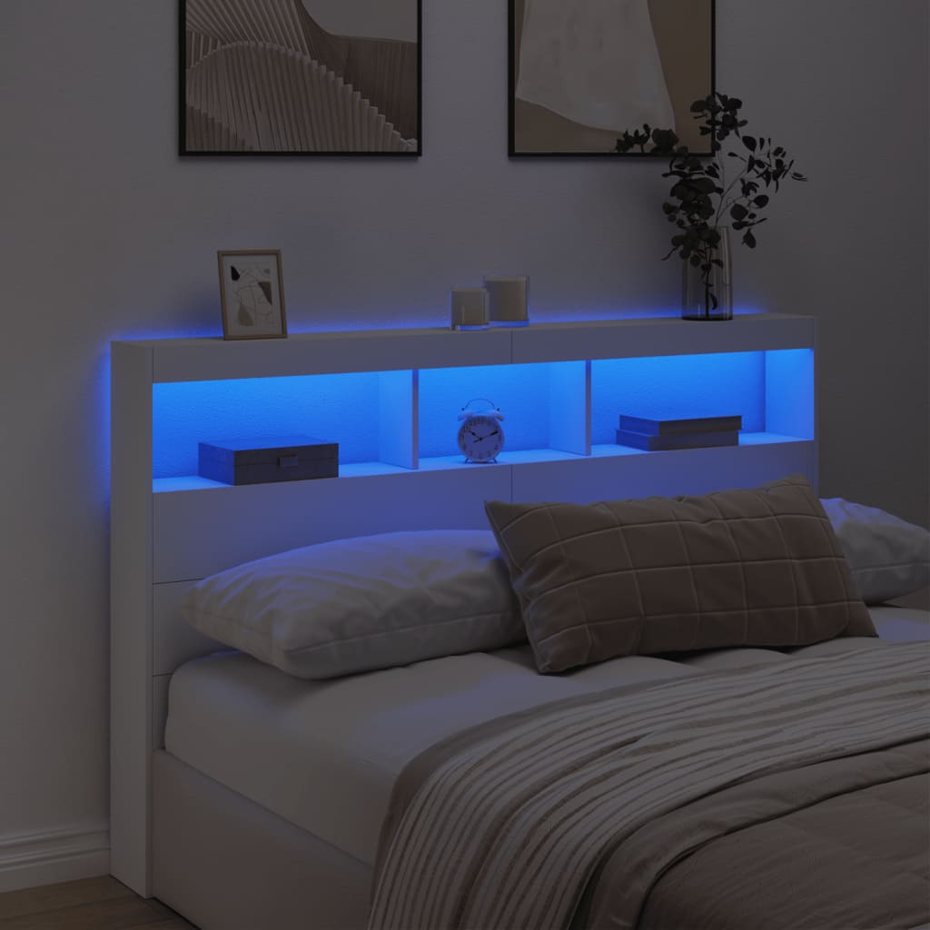 vidaXL Zagłówek z półkami i oświetleniem LED, biały, 160x17x102 cm