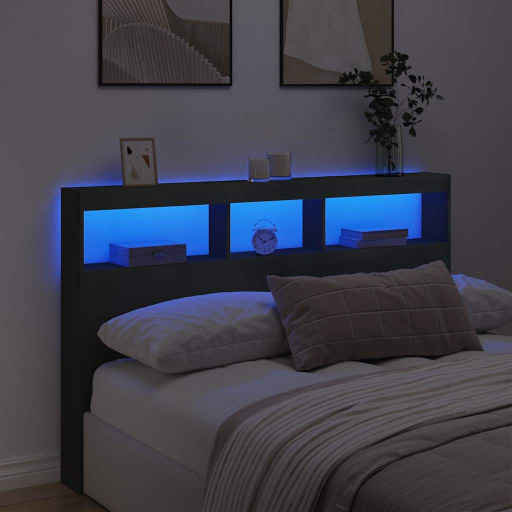 vidaXL Zagłówek z półkami i oświetleniem LED, czarny, 160x17x102 cm