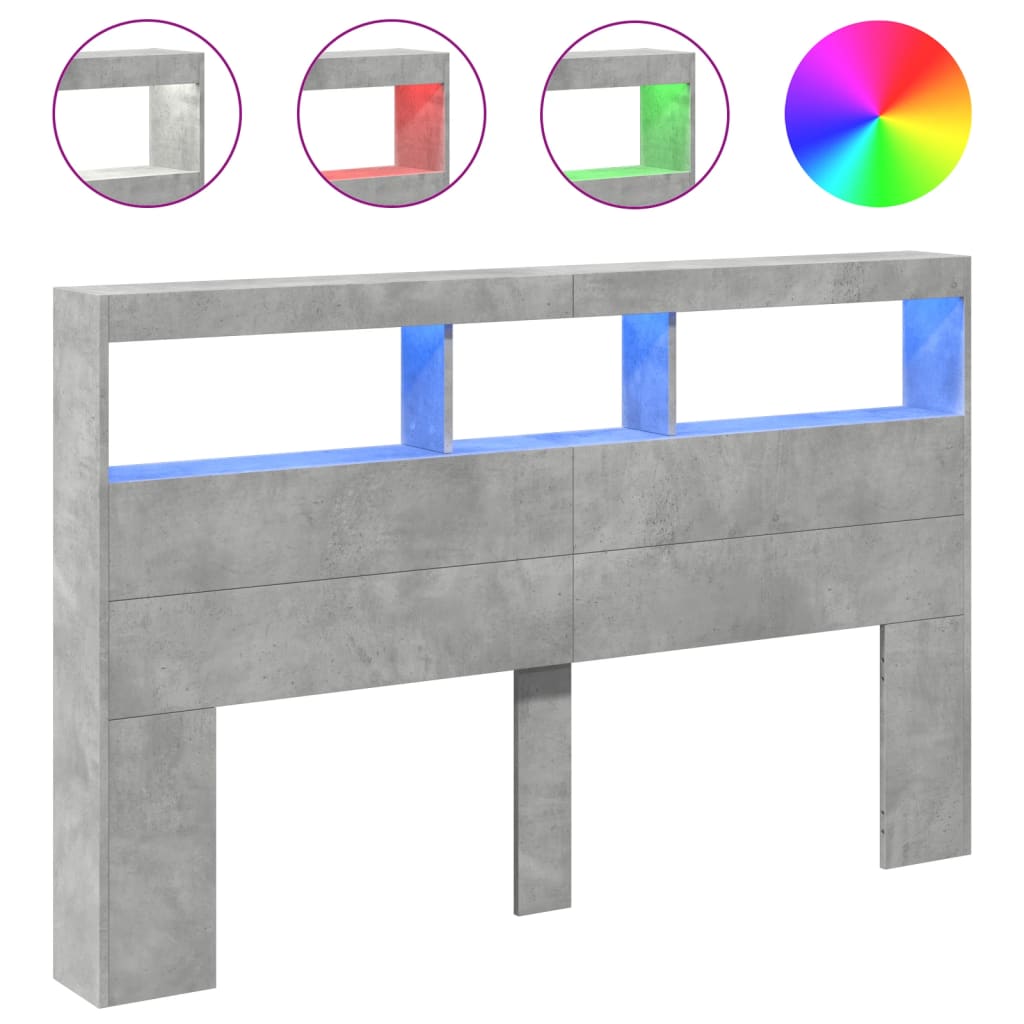 vidaXL Zagłówek z półkami i LED, szarość betonu, 160x17x102 cm