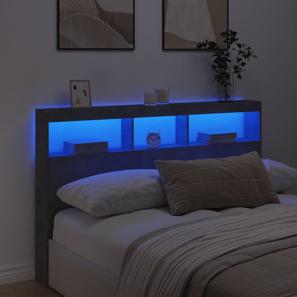 vidaXL Zagłówek z półkami i LED, szarość betonu, 160x17x102 cm