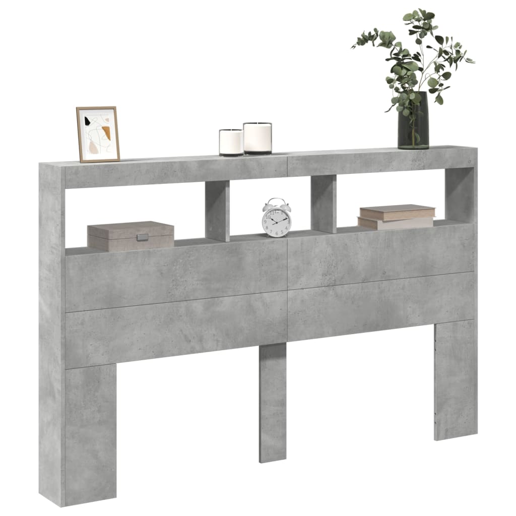 vidaXL Zagłówek z półkami i LED, szarość betonu, 160x17x102 cm