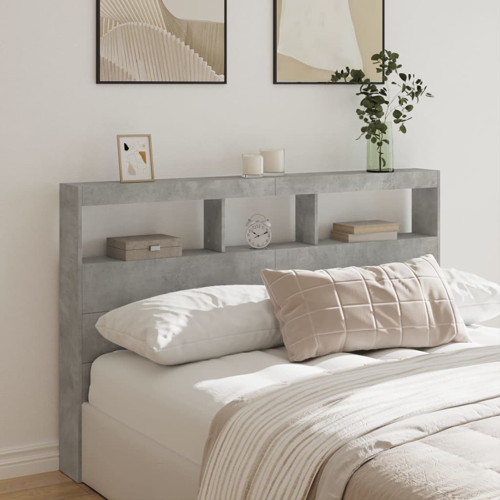 vidaXL Zagłówek z półkami i LED, szarość betonu, 160x17x102 cm