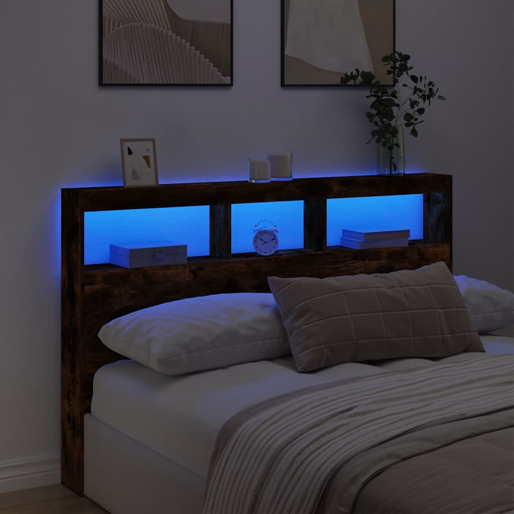 vidaXL Zagłówek z półkami i LED, przydymiony dąb, 160x17x102 cm