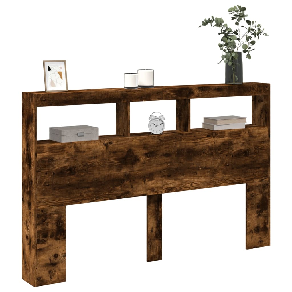 vidaXL Zagłówek z półkami i LED, przydymiony dąb, 160x17x102 cm