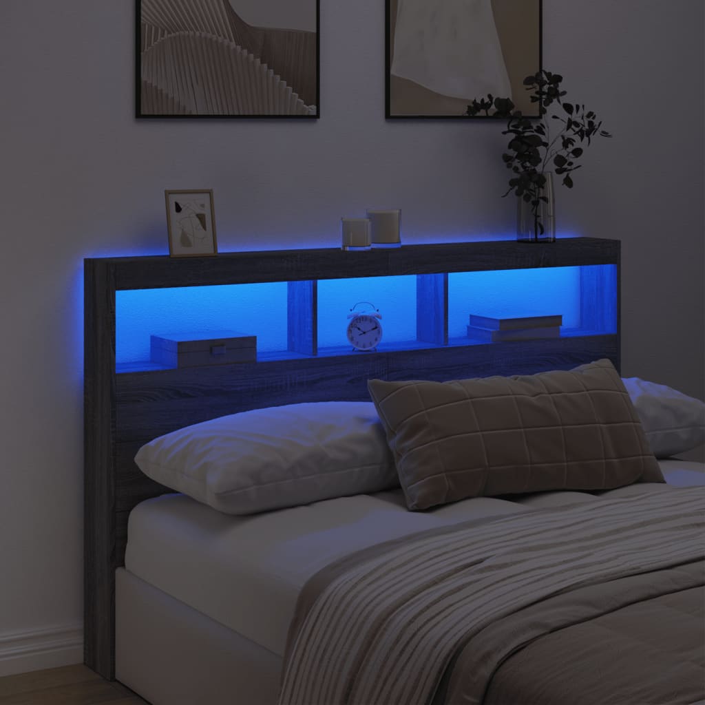 vidaXL Zagłówek z półkami i LED, szary dąb sonoma, 160x17x102 cm