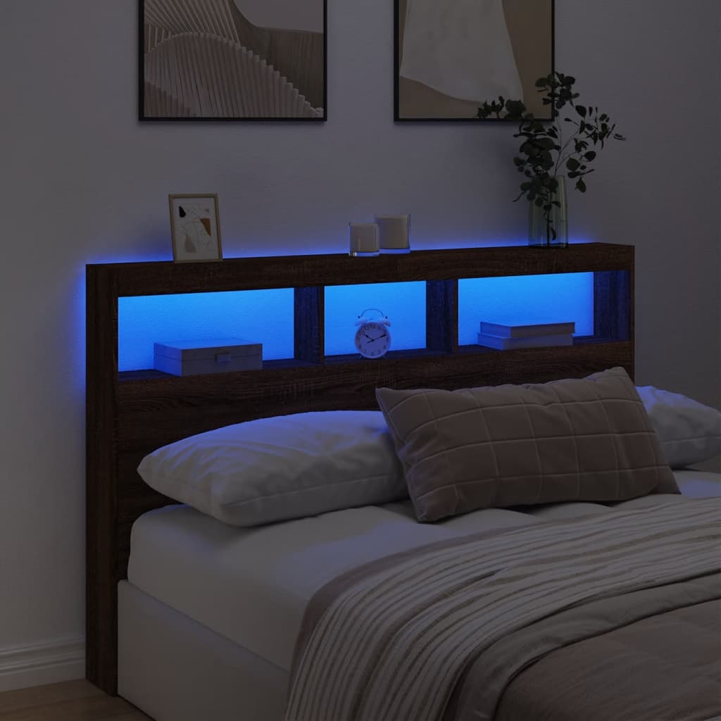 vidaXL Zagłówek z półkami i LED, brązowy dąb, 160x17x102 cm