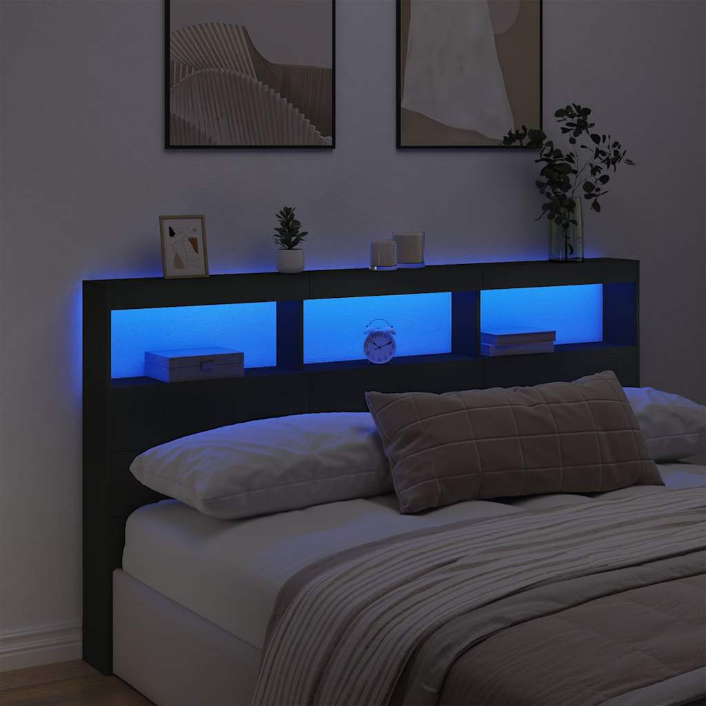 vidaXL Zagłówek z półkami i oświetleniem LED, czarny, 180x17x102 cm