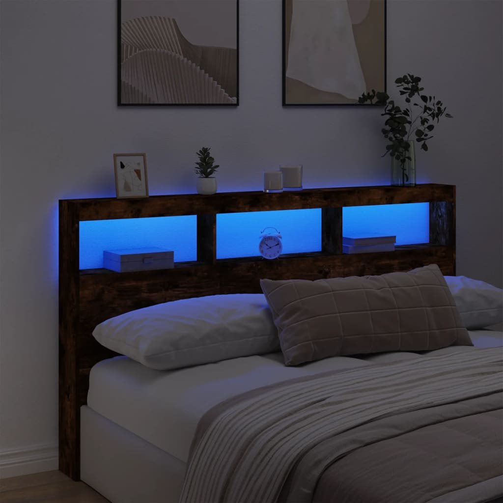 vidaXL Zagłówek z półkami i LED, przydymiony dąb, 180x17x102 cm