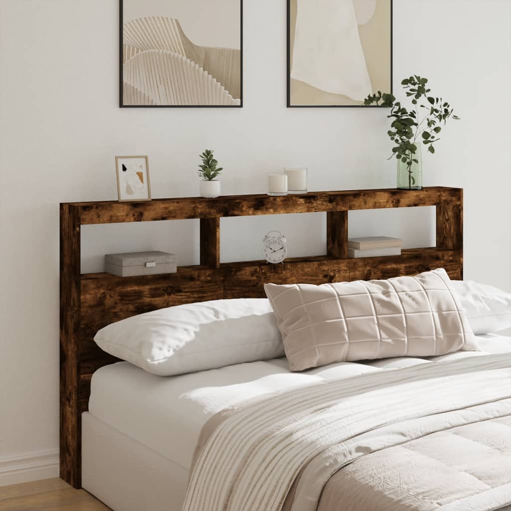 vidaXL Zagłówek z półkami i LED, przydymiony dąb, 180x17x102 cm