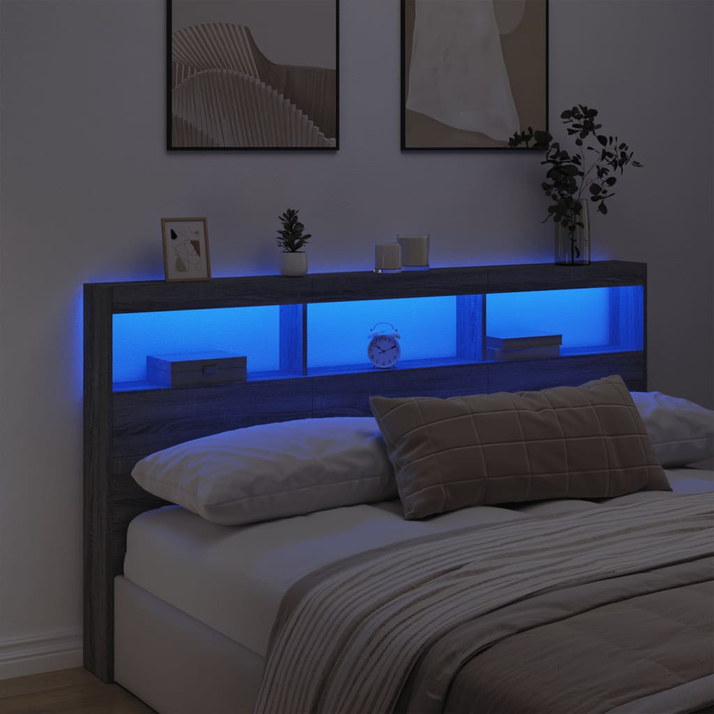 vidaXL Zagłówek z półkami i LED, szary dąb sonoma, 180x17x102 cm