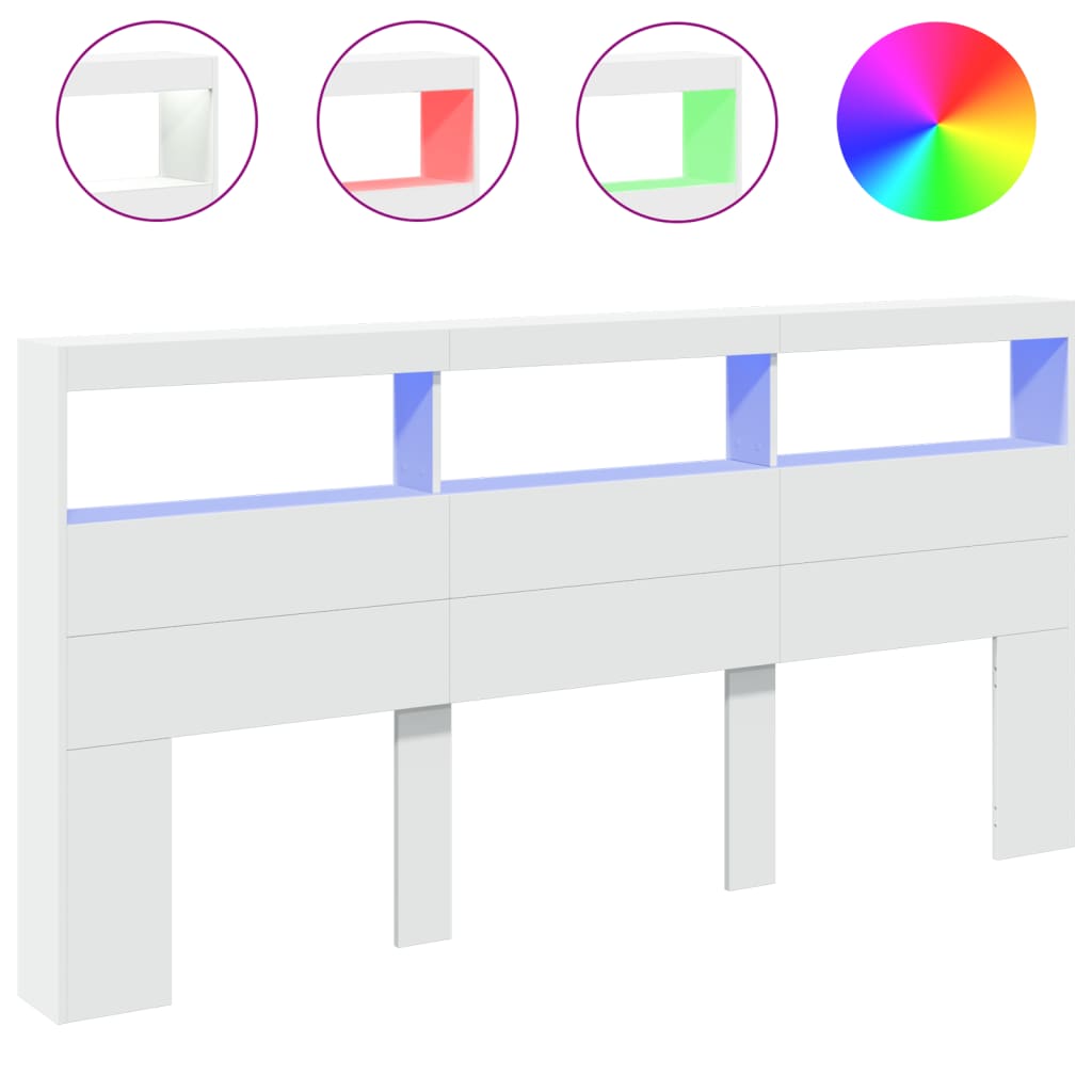 vidaXL Zagłówek z półkami i oświetleniem LED, biały, 200x17x102 cm
