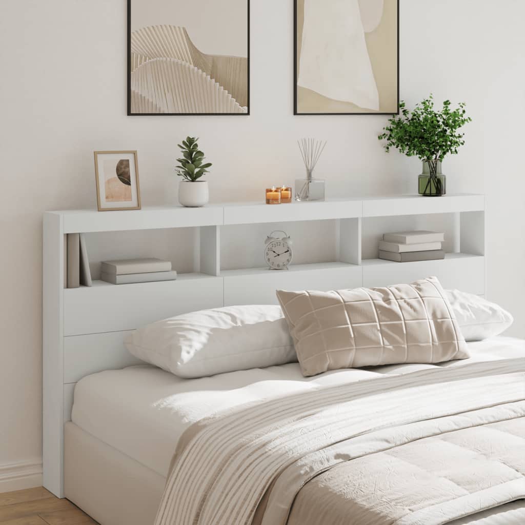 vidaXL Zagłówek z półkami i oświetleniem LED, biały, 200x17x102 cm