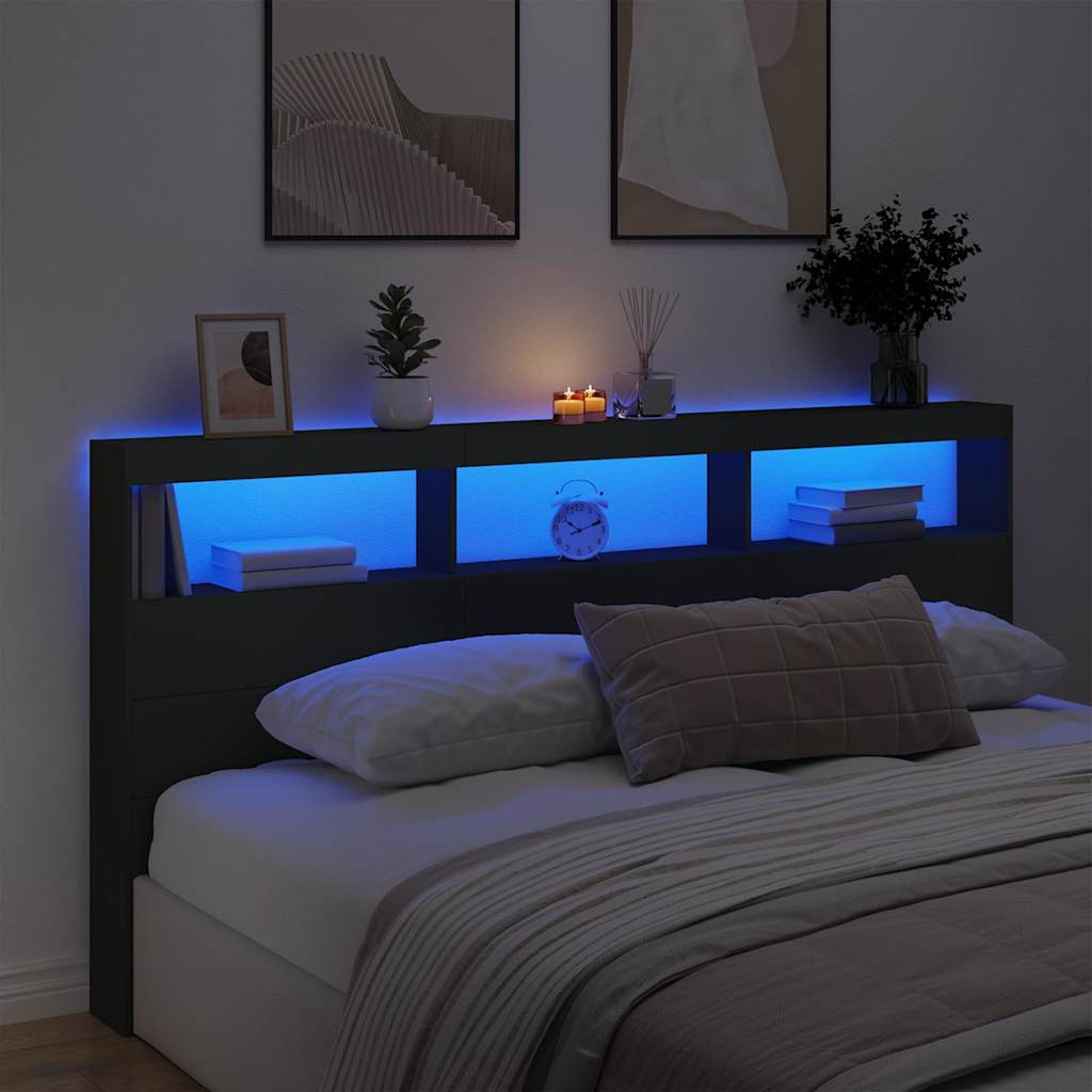 vidaXL Zagłówek z półkami i oświetleniem LED, czarny, 200x17x102 cm