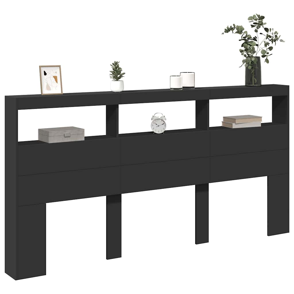 vidaXL Zagłówek z półkami i oświetleniem LED, czarny, 200x17x102 cm