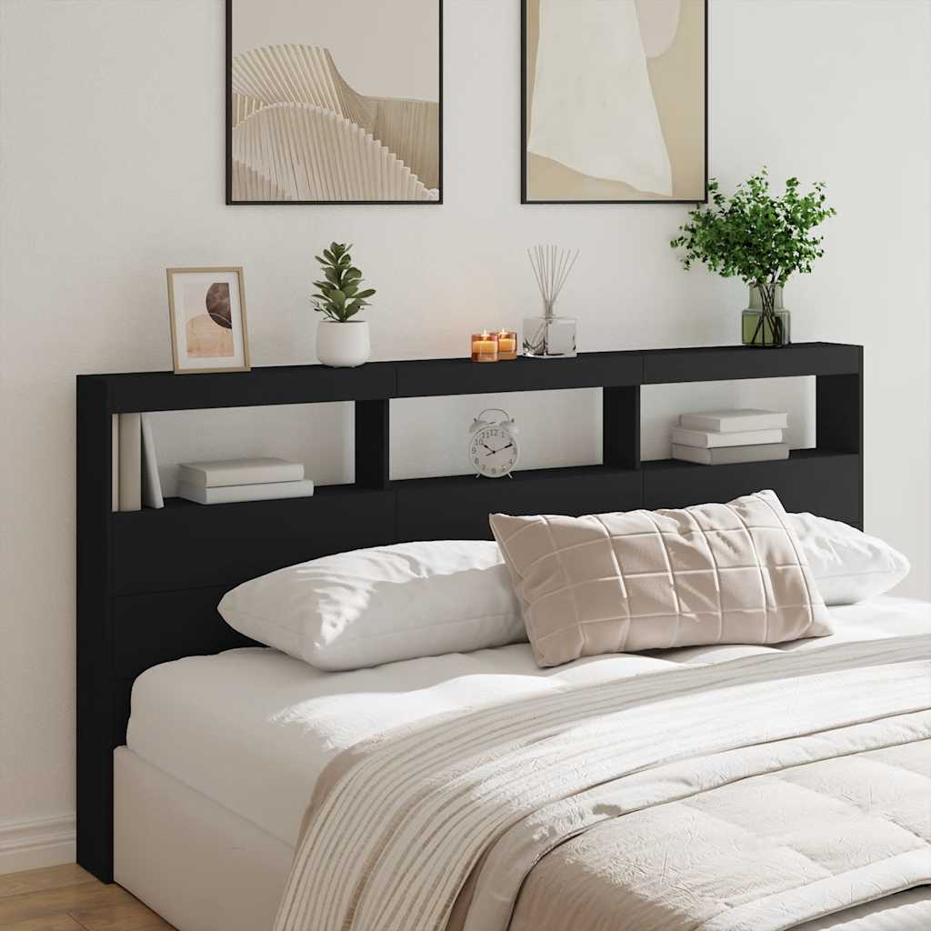 vidaXL Zagłówek z półkami i oświetleniem LED, czarny, 200x17x102 cm