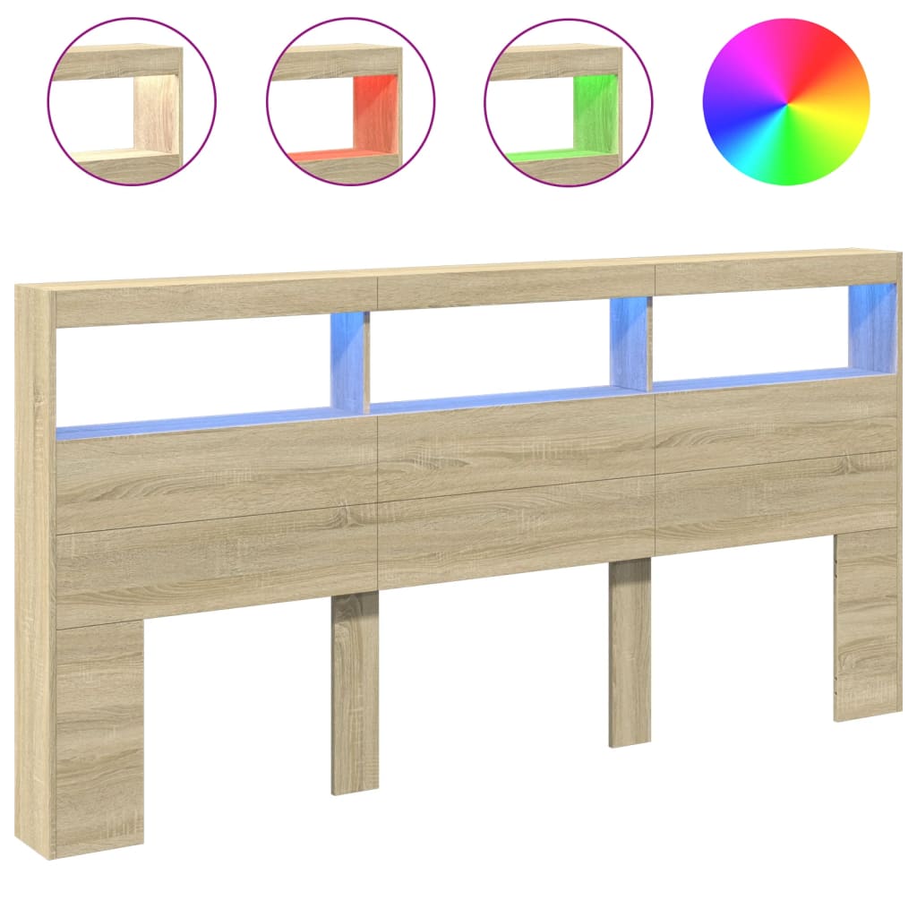 vidaXL Zagłówek z półkami i LED, dąb sonoma, 200x17x102 cm