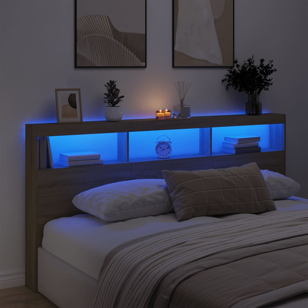 vidaXL Zagłówek z półkami i LED, dąb sonoma, 200x17x102 cm