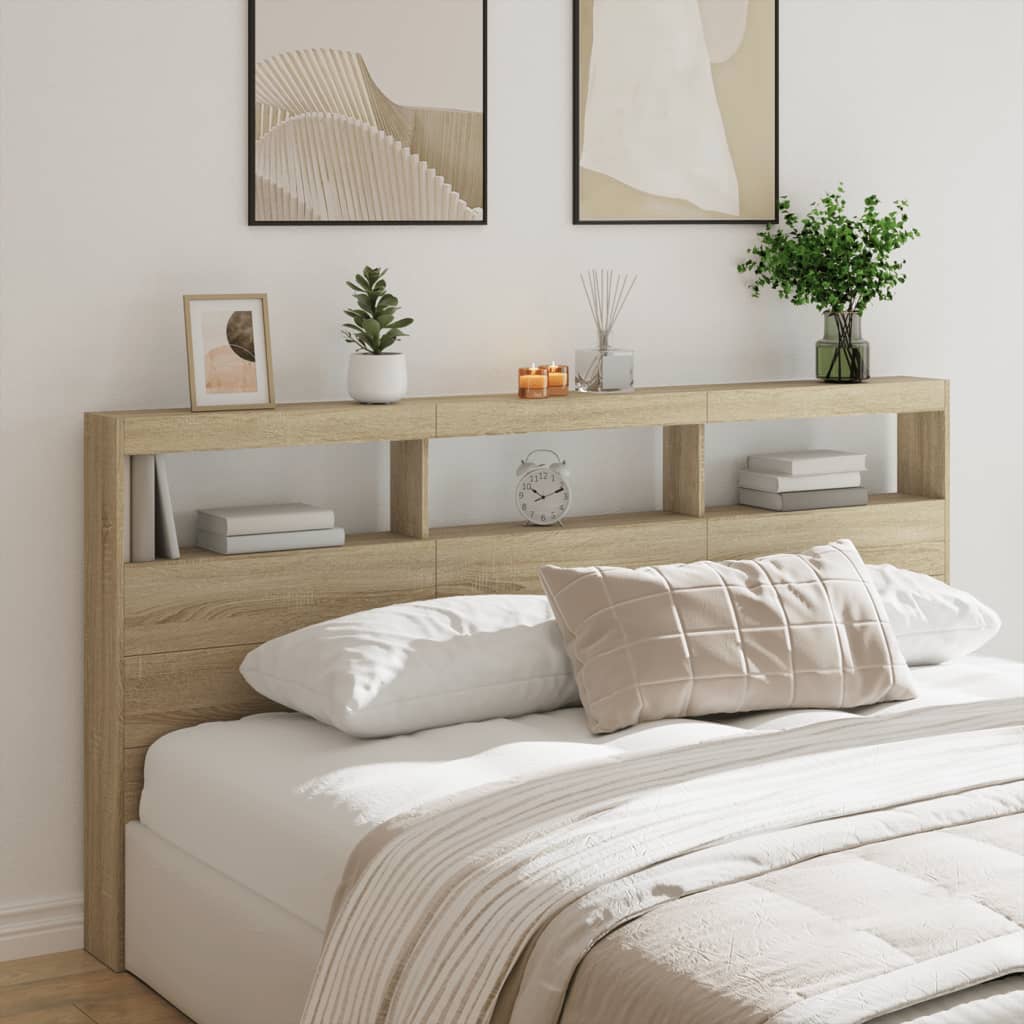 vidaXL Zagłówek z półkami i LED, dąb sonoma, 200x17x102 cm