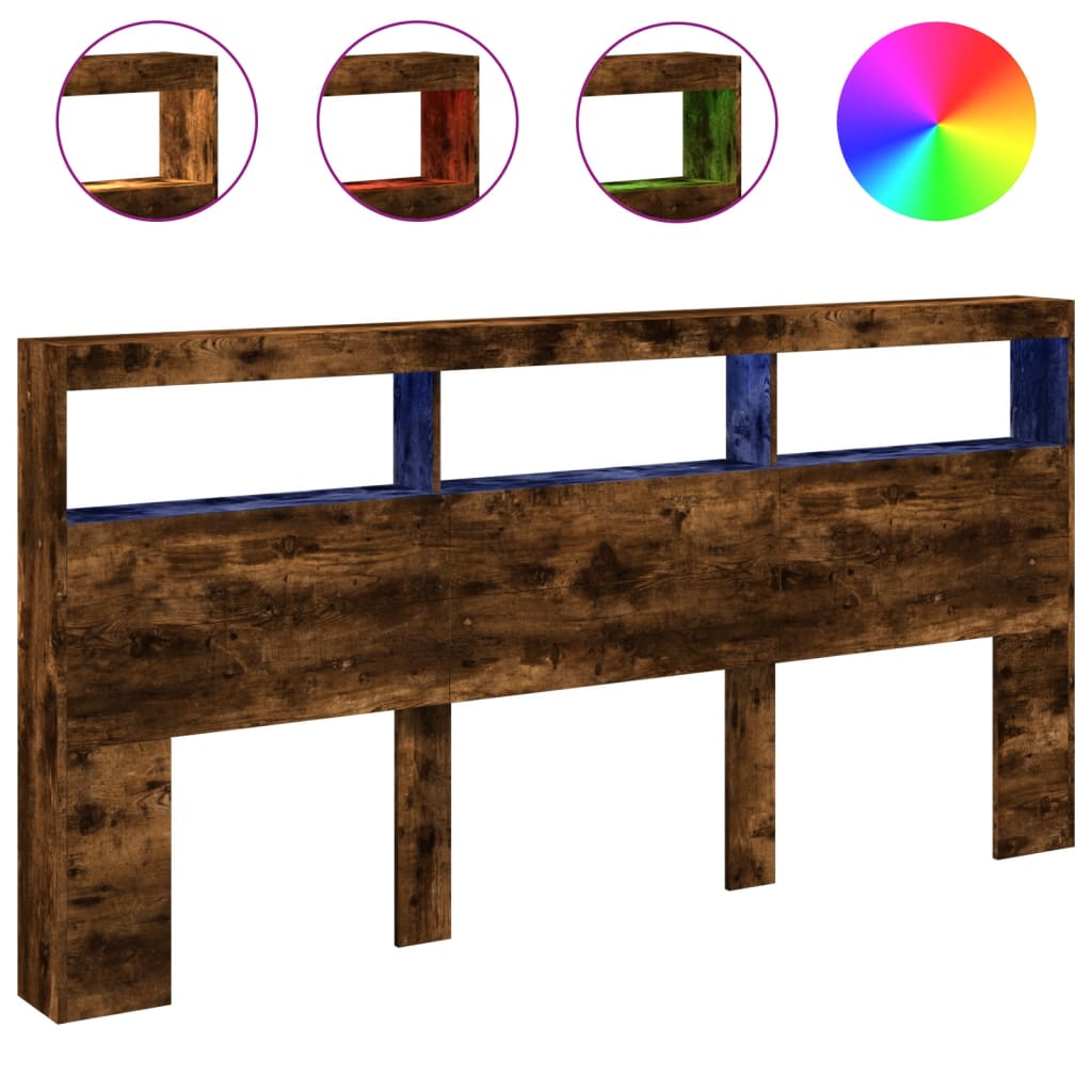 vidaXL Zagłówek z półkami i LED, przydymiony dąb, 200x17x102 cm