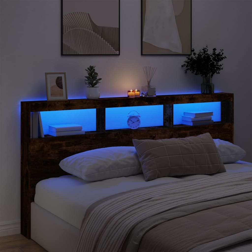 vidaXL Zagłówek z półkami i LED, przydymiony dąb, 200x17x102 cm