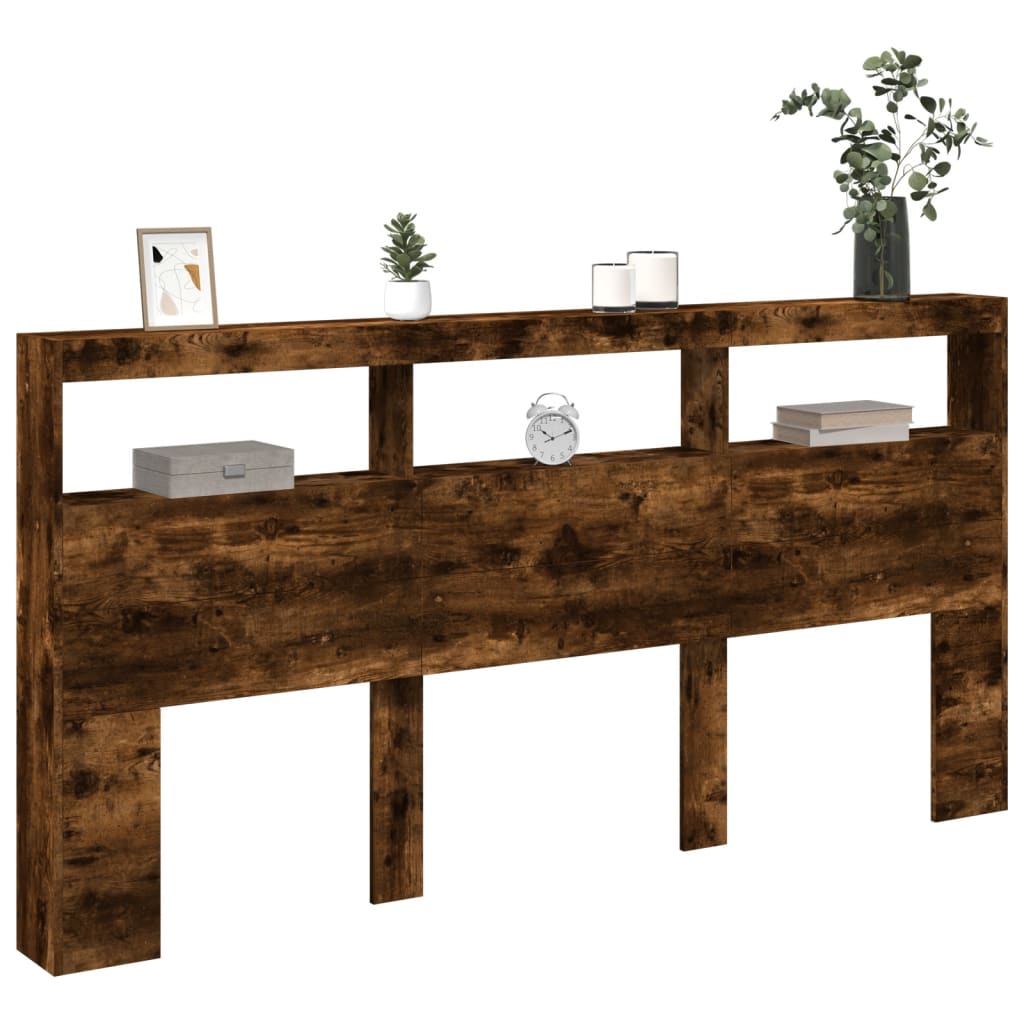vidaXL Zagłówek z półkami i LED, przydymiony dąb, 200x17x102 cm