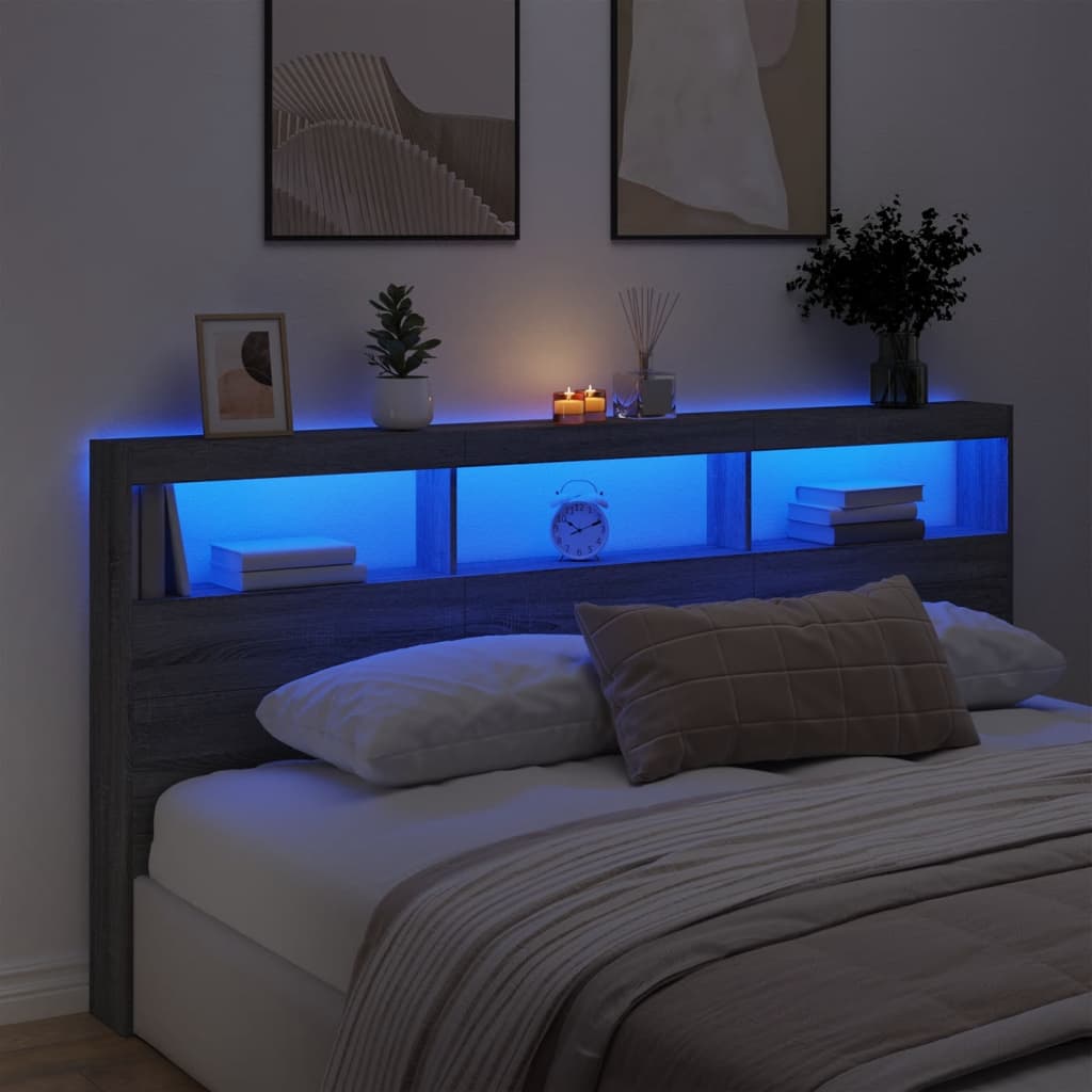 vidaXL Zagłówek z półkami i LED, szary dąb sonoma, 200x17x102 cm