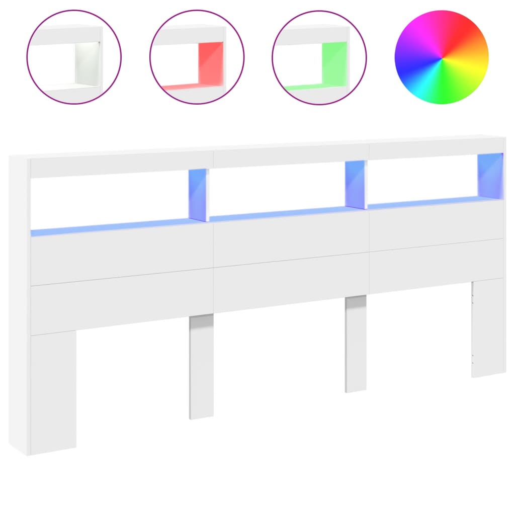 vidaXL Zagłówek z półkami i oświetleniem LED, biały, 220x17x102 cm